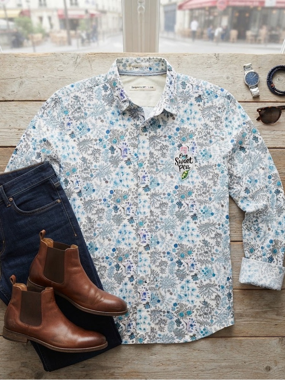 Denim Flower Blue and White Casual Button Down Shirt by Ricky Sighn